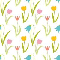 tulpen vector naadloos patroon. hand- getrokken tekening voorjaar bloemen patroon. roze en geel tulpen Aan wit achtergrond. ontwerp voor huis textiel, bruiloft decor, uitnodigingen, omhulsel papieren, achtergronden.
