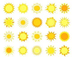 zon pictogrammen. zonneschijn, heet zomer en zonsopkomst symbolen, goud zonlicht cirkels, zonne- en zonnig weer tekens vector reeks