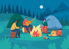 mensen camping Bij nacht. vrienden zittend in de buurt kampvuur, spelen gitaar, roosteren heemst. toerisme vakantie vakantie avontuur vector illustratie