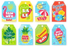 heet zomer uitverkoop labels. uitverkoop korting etiketten met tropisch palm bladeren, fruit, flamingo, bloemen elementen. hand- getrokken vakantie banier vector reeks