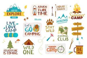 camping belettering. zomer kamp, reizend, berg hiking. avontuur citaten en zinnen met hand- getrokken tekening elementen vector reeks