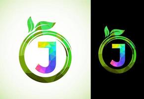veelhoekige alfabet j in een spiraal met groen bladeren. natuur icoon teken symbool. meetkundig vormen stijl logo ontwerp voor bedrijf gezondheidszorg, natuur, boerderij, en bedrijf identiteit. vector