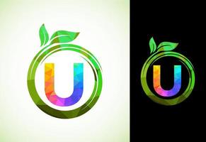 veelhoekige alfabet u in een spiraal met groen bladeren. natuur icoon teken symbool. meetkundig vormen stijl logo ontwerp voor bedrijf gezondheidszorg, natuur, boerderij, en bedrijf identiteit. vector
