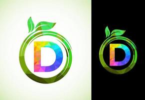 veelhoekige alfabet d in een spiraal met groen bladeren. natuur icoon teken symbool. meetkundig vormen stijl logo ontwerp voor bedrijf gezondheidszorg, natuur, boerderij, en bedrijf identiteit. vector