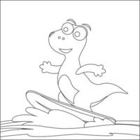 vector illustratie van surfing tijd met schattig weinig dinosaurussen Bij zomer. kinderachtig ontwerp voor kinderen werkzaamheid kleuren boek of bladzijde.