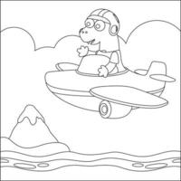 vector illustratie van schattig dinosaurus piloot vliegt in de lucht Aan een vliegtuig. creatief vector kinderachtig ontwerp voor kinderen werkzaamheid kleuren boek of bladzijde.