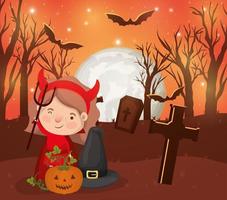 Halloween-seizoensscène met meisje in een duivelskostuum vector