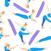 yoga poses met mat naadloos patroon behang. gember Europese vrouw vrouw meisje. vector illustratie in tekenfilm vlak stijl geïsoleerd Aan wit achtergrond.