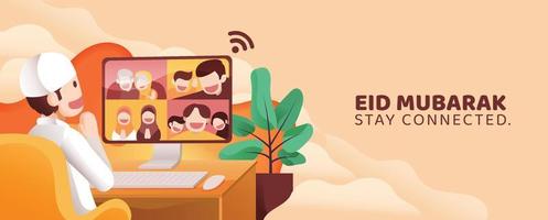 Mens teleconferentie telefoontje met zijn familie en vrienden in eid mubarak al fitr van huis in voorkant van pc toezicht houden op vol van geluk. blijven verbonden gedurende covid-19 quarantaine. vector