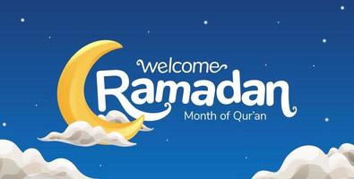 Welkom Ramadan typografie titel met halve maan maan en wolk Aan blauw nacht lucht vol van sterren vector