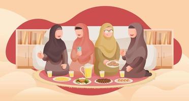 groep van moslim Dames vrienden of zussen eten iftar samen en babbelen met glimlach illustratie concept vector