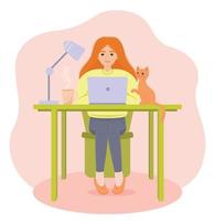vrouw werken met computer, huis kantoor, leerling of freelancer. schattig concept vector illustratie in vlak stijl