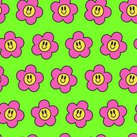 naadloos patroon in de modieus stijl van de jaren 90, jaren 2000, y2k. zuur glimlachen bloemen Aan een groen neon achtergrond. vector