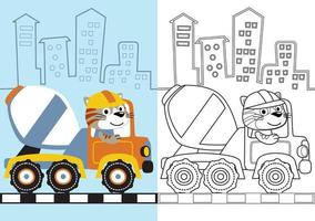 vector tekenfilm van schattig katje het rijden menger vrachtwagen, kleur bladzijde of boek