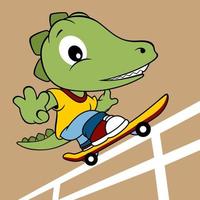 grappig dinosaurus spelen skateboard, vector tekenfilm illustratie