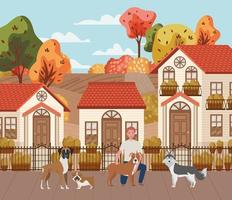 jonge man met schattige hondenmascottes in het stadsbeeld van de herfst vector