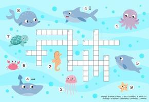 zee dieren kruiswoordraadsel. leerzaam puzzel spel voor kinderen. schattig tekenfilm karakters. afdrukbare werkblad voor peuter- kinderen. vector illustratie