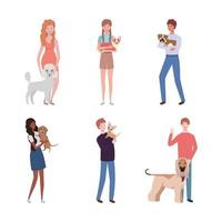 jonge mensen met schattige honden mascottes karakters vector