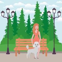 jonge vrouw met schattige hond mascotte in het park vector