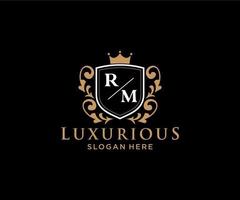 eerste rm brief Koninklijk luxe logo sjabloon in vector kunst voor restaurant, royalty, boetiek, cafe, hotel, heraldisch, sieraden, mode en andere vector illustratie.