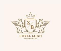 eerste zb brief leeuw Koninklijk luxe heraldisch, wapen logo sjabloon in vector kunst voor restaurant, royalty, boetiek, cafe, hotel, heraldisch, sieraden, mode en andere vector illustratie.