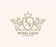 eerste zv brief leeuw Koninklijk luxe heraldisch, wapen logo sjabloon in vector kunst voor restaurant, royalty, boetiek, cafe, hotel, heraldisch, sieraden, mode en andere vector illustratie.