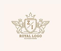 eerste zi brief leeuw Koninklijk luxe heraldisch, wapen logo sjabloon in vector kunst voor restaurant, royalty, boetiek, cafe, hotel, heraldisch, sieraden, mode en andere vector illustratie.