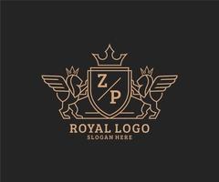 eerste zp brief leeuw Koninklijk luxe heraldisch, wapen logo sjabloon in vector kunst voor restaurant, royalty, boetiek, cafe, hotel, heraldisch, sieraden, mode en andere vector illustratie.