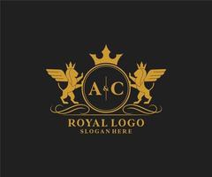 eerste ac brief leeuw Koninklijk luxe heraldisch, wapen logo sjabloon in vector kunst voor restaurant, royalty, boetiek, cafe, hotel, heraldisch, sieraden, mode en andere vector illustratie.