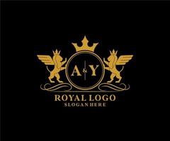 eerste ay brief leeuw Koninklijk luxe heraldisch, wapen logo sjabloon in vector kunst voor restaurant, royalty, boetiek, cafe, hotel, heraldisch, sieraden, mode en andere vector illustratie.