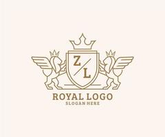 eerste zl brief leeuw Koninklijk luxe heraldisch, wapen logo sjabloon in vector kunst voor restaurant, royalty, boetiek, cafe, hotel, heraldisch, sieraden, mode en andere vector illustratie.