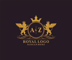 eerste az brief leeuw Koninklijk luxe heraldisch, wapen logo sjabloon in vector kunst voor restaurant, royalty, boetiek, cafe, hotel, heraldisch, sieraden, mode en andere vector illustratie.