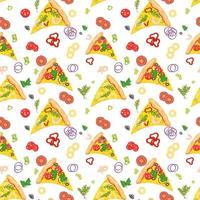 naadloos achtergrond met pizza plakjes en ingrediënten. de achtergrond is kleurloos. vector