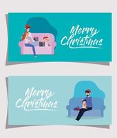 familieleden in woonkamer kerstviering banner set vector