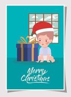 kleine jongen met cadeau kerstviering vector