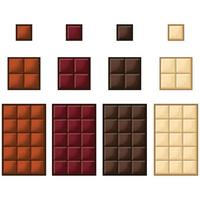 reeks van chocola bar geïsoleerd Aan wit achtergrond. vector tekenfilm vlak ontwerp illustratie verzameling sjabloon. donker chocola, wit chocola, melk chocola