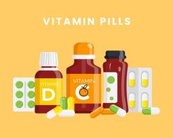 vector illustratie van vitamine pillen set. capsules en flessen. gezond aan het eten concept. vlak stijl.