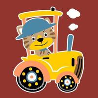 grappig kat Aan geel tractor, vector tekenfilm illustratie