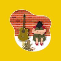 verdrietig meisje met akoestisch gitaar en steen muur achtergrond ontwerp vector illustratie