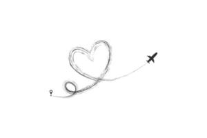 vliegtuig en zijn track in de vorm van een hart op een witte achtergrond. vector illustratie. vliegroute van het vliegtuig en zijn route
