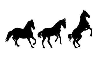 reeks van silhouetten van meerdere paarden met verschillend poseert, gebaren. kant visie. rennen, hinniken. de concept van dier, huisdier, boerderij, sport, paard racen, voertuig. vlak vector illustratie.
