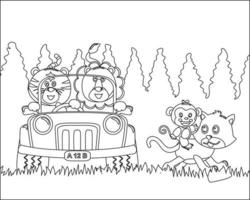 schattig dier tekenfilm hebben pret het rijden een uit weg auto in berg Aan zonnig dag. tekenfilm geïsoleerd vector illustratie, creatief vector kinderachtig ontwerp voor kinderen werkzaamheid kleuren boek of bladzijde.