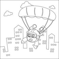 vector tekenfilm illustratie van Parachutespringen met weinig dier, vlak en wolken, met tekenfilm stijl kinderachtig ontwerp voor kinderen werkzaamheid kleuren boek of bladzijde.
