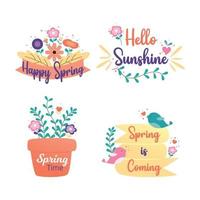 vrolijke lente badge en labelcollectie. hallo lente. hand getekend. vector illustratie. lente ontwerp.