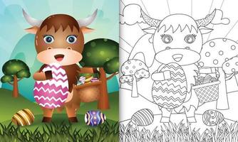 kleurboek voor kinderen als thema gelukkige paasdag met karakterillustratie van een schattige buffel die het emmer-ei en het paasei houdt vector