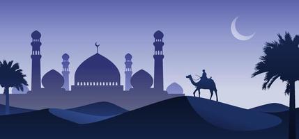 man rijden kameel in woestijn nacht met moskee en wassende maan achtergrond, arabië woestijn landschap nacht uitzicht, silhouet vectorillustratie, islam of ramadan concept