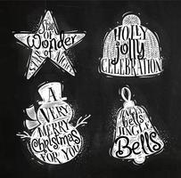 Kerstmis wijnoogst silhouetten ster, sneeuwman, klok, winter hoed tekening met krijt Aan schoolbord vector