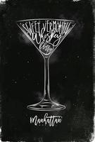 Manhattan cocktail belettering angst, zoet vermout, whisky, kers in wijnoogst grafisch stijl tekening met krijt Aan schoolbord achtergrond vector