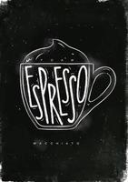 macciato kop belettering schuim, espresso in wijnoogst grafisch stijl tekening met krijt Aan schoolbord achtergrond vector