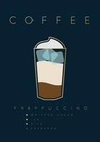 poster koffie frappuccino met namen van ingrediënten tekening in vlak stijl Aan donker blauw achtergrond vector